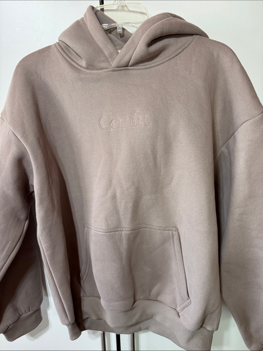 Kids Embroidered 'Comfort' Hoodie in Taupe